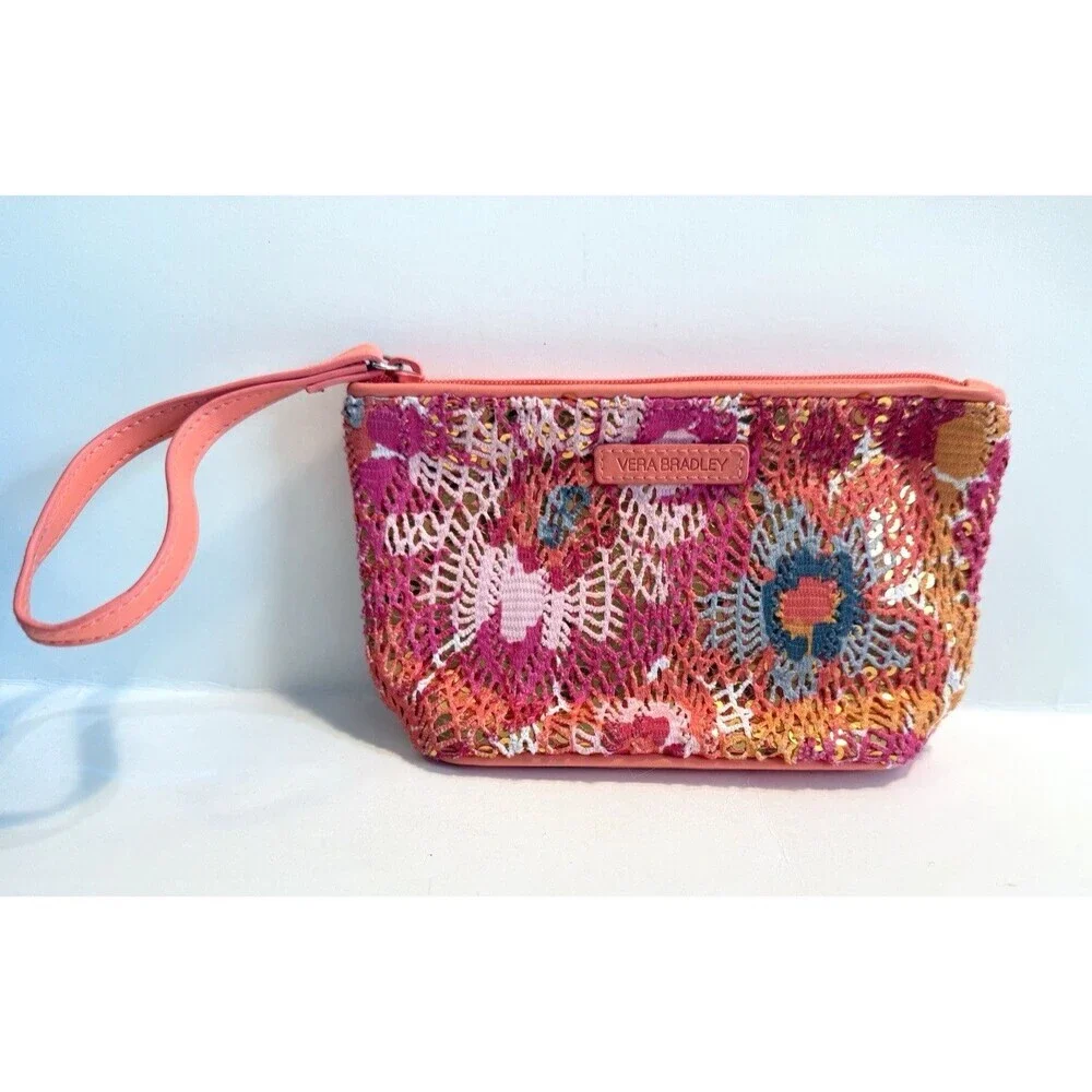 Vera Bradley Iconic Cosmetic Bag Wristlet Sequin Mesh Floral Orange Colorful